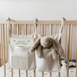 lot 4067 image: YeeMan Linen Baby Bedside Hanging Storage Bag,2 Pockets Organizer for Baby Cribs and Toys (Burlywood)