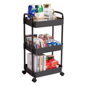 lot 4091 image: Vtopmart 3 Tier Rolling Cart with Wheels, Detachable Utility Storage Cart with Handle and Lockable Casters, Storage Basket Organizer Shelves, Easy Assemble for Bathroom, Kitchen, Black