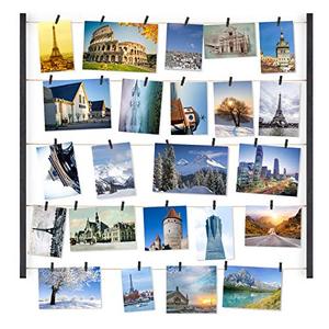 lot 4094 image: Love-KANKEI Wood Picture Frame Collage Photo Display Frame 26x29 inch with 30 Clips and Adjustable Twines Collage Artworks Prints Pictures Organizer Gift Black