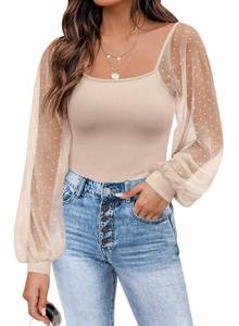 lot 4099 image: DOROSE Womens Mesh Long Sleeve Shirts Casual Blouses Tops Beige M