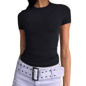 lot 4104 image: Dwnval Women Sexy Basic T Shirts Tops Summer Short Sleeve Crewneck Slim Fit Cute Crop Top Blouses(Black, M)
