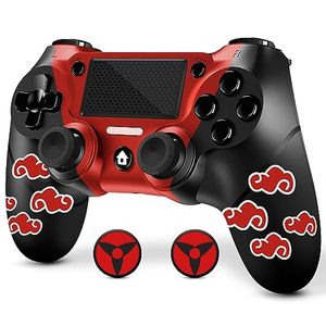 lot 4105 image: FTFVaska Wireless Controller for PS4 Compatible with PS4SlimPro, Gamepad with Enhanced Dual VibrationAnalog Sticks6-Axis Motion SensorCharging CableThumb Caps (Red Cloudy)