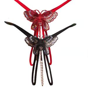 lot 4109 image: Sekexi Fashion Women Sexy Underwear Cutout Pendant Pearl Beads Embellished Lace Butterfly G-String Thong Underpants (as1, alpha, free_size, 2PCS Blackred, Medium)