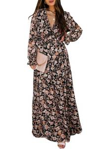 lot 4111 image: BLENCOT Womens Casual Boho Floral Printed Deep V Neck Loose Long Sleeve Long Evening Dress Ruched Cocktail Party Maxi Wedding Dress Black Large