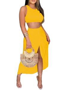 lot 4115 image: LYANER Womens 2 Piece Outfits Tank Crop Top and High Low Hem Ruched Bodycon Midi Skirt Soild Yellow Medium