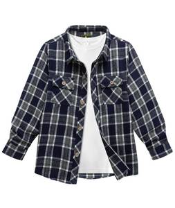 lot 4157 image: Boys Plaid Flannel Shirts Long Sleeve Casual Button Down Shirts Collared Fall Clothes Navy Grey White 10-11 Years