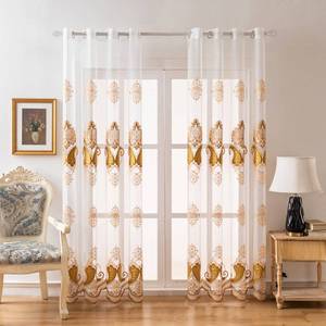 lot 4163 image: ELKCA White Sheer Curtains with Coffee Embroidered for Living Room Coffee Tulle Curtains for Bedroom Transparent White Curtain,Grommet Top,52 W x 96 L,2 Panels