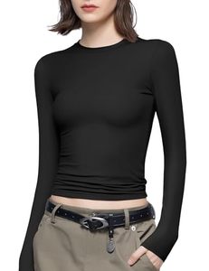 lot 4176 image: PUMIEY Long Sleeve Shirts for Women Slim Fit Tops Fall Fashion Basic Tee, Jet Black Medium