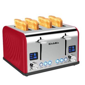 lot 4180 image: Toaster 4 Slice, KitchMix Bagel Stainless Toaster with LCD Timer, Extra Wide Slots, Dual Screen, Removal Crumb Tray (Red)