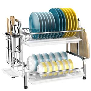 lot 4903 image: iSPECLE Dish Drying Rack - 304 Stainless Steel 2 Tier Dish Racks with Automatic Drainage for Kitchen Counter, Dish Drainer with Drainboard, Stainless Steel Utensil Holder, Cutting Board Holder, Silver