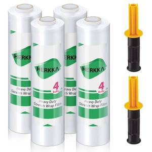 lot 4906 image: Stretch Film, HERKKA Stretch Wrap with Handles Industrial Strength, Moving Wrapping Plastic Roll, Shrink Wrap for Pallet Wrap, 15 x 1000 Feet, 4 Pack, 60 Gauge