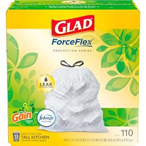 lot 4915 image: Glad Trash Bags, ForceFlex Protection Series Tall Garbage Bags, 13 Gal, Gain Original with Febreze, 110 Ct (Package May Vary)