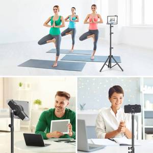 lot 4923 image: IPad Tripod Floor Stand - Reinforced Telescoping Tablet Holder Stand, Height Adjustable 360° Rotating Mount for All 7 to 12 Inches Tablets, with Carrying Case, Phone Holder, Bluetooth Remote Control