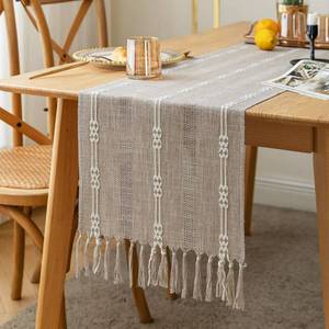 lot 4927 image: ZeeMart Farmhouse Table Runner, Rustic Table Runners 72 Inches Long, Linen Boho Table Runner, Braided Striped Coffee Table Runner for Dining Party Holiday, 14x72 Inches, WideHollow Pale Taupe
