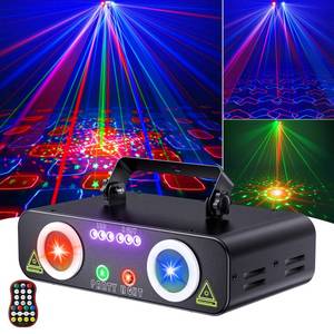 lot 4931 image: Ehaho DJ Laser Light 5 in 1, 3D Animated Graphics Lazer DJ Lights with RGBUV & Strobe, DMX Control Party DJ Disco Lights, Sound Activated Stage Laser Rave Light for Parties Dancing Bar Club - Retail $75.12
