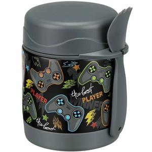 lot 4934 image: Pawtong 10oz Soup Thermo for Hot Food Kids Insulated Food Jar,Thermo Hot Food Lunch Container, Width Mouth Stainless Steel Lunch Box for Kids with Spoon (Black-Gamepad)