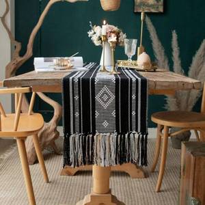 lot 4949 image: vgunama Boho Table Runner with Tassel 13.5x71Inch, Farmhouse Style Woven Table Runners, Linen Table Runner for Bedroom Party (Black and White)