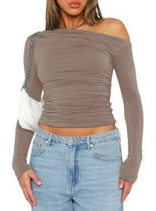 lot 4952 image: Womens Long Sleeve Boat Neck Ruched Slim Fit T Shirt 2024 Basic Tee Tops 9026 Khaki Medium