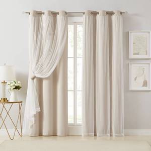 lot 4954 image: Bujasso Beige 90% Blackout Curtains with Sheer Overlay Mix and Match Double Layer Thermal Insulated Window Panels 84 inch for Living Room Bedroom Beige Drapes with Tiebacks Grommet Top 37 Wx84 Lx2