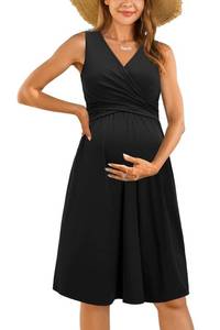 lot 4957 image: OUGES Womens V-Neck Long Sleeve Fall Maternity Dresses Nursing Gown Breastfeeding Baby Shower Dress(Black,L)