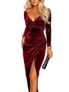 lot 4971 image: ZileZile Womens Sexy Long Sleeve Ruched Dress Velvet V Neck Cocktail Party Evening Club Maxi Dress WineRed Large