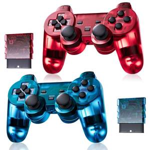 lot 4979 image: Burcica Wireless Controller for PS2 Play 2 Dual Vibration - ClearBlue and ClearRed