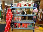 Shelf and contents; coca cola glasses, mugs, bottles, sundae candles and more, over 20 pieces!