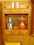 Curio Shelf and Contents; vase, soap holder, salt & pepper shakers