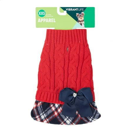 lot 27601 image: Vibrant Life Bow Dog Skirt Sweater, Red Plaid, (Small)