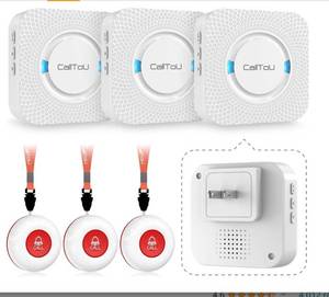 lot 10011 image: CallToU Caregiver Pager Elderly Alert Call Button for Seniors Smart Patient Call Bell Wireless Emergency Button System Adult Monitors at Home 3 Plugin Receivers 3 Waterproof Portable Transmitters (missing one lanyard)