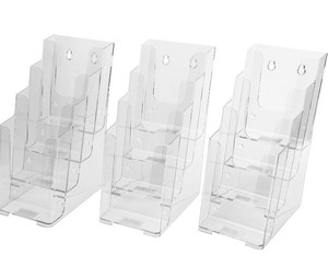 lot 10044 image: 3 Pack Acrylic Brochure Holder 4 Inch Wide 4 Tier Clear Literature Holder, Premium Acrylic Multi Pocket Display Stand, Wall Mount or Counter Top