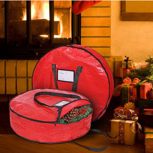 lot 10068 image: ProPik Christmas Wreath Storage Bag 24 - Garland Holiday Container with Tear Resistant Material - Featuring Heavy Duty Handles and Transparent Card Slot - 2 Pack (24 Inch, Red)