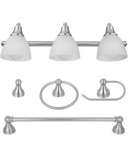 lot 10096 image: Globe Electric 50700 3-Light Vanity All-in-One Bathroom Set, 5 Piece Brushed Steel Finish, 70, Bulb Not Included