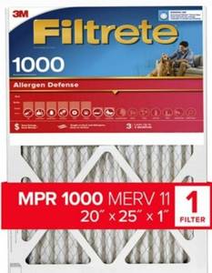 lot 12043 image: Filtrete 20x25x1AC Furnace Air Filter, MERV 11, MPR 1000, Micro Allergen Defense, 3-Month Pleated 1-Inch Electrostatic Air Cleaning Filter