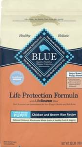 lot 12046 image: Blue Buffalo Life Protection Formula Large Breed Chicken and Brown Rice Dry Dog Food for Puppies Whole Grain 30 lb. Bag