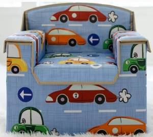 lot 12048 image: Toddler Chair - Ideal for Calming Corner, Kids Lounge Chair Perfect for Toy Storage, Essential Mini Chair for Kids Reading Nook (Blue, CAR Print)