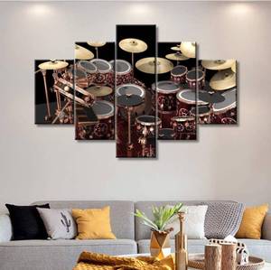 lot 27833 image: 5 Pieces Wall Art Painting Classic Musical Instrument, Jazz Drum Kit Prints On Canvas Music Pictures Oil for Home Modern Decoration Print Decor for Living Room with Framed Ready to Hang, 60Wx40H