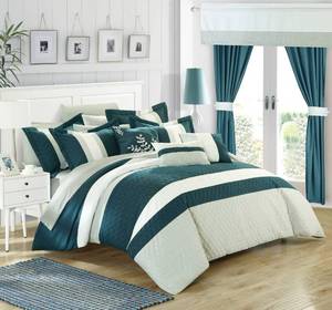 lot 1736 image: Chic Home CS3027-AN Covington 24 Piece Comforter Set Embroidered Bed in a Bag with Sheets Curtains, Queen, Teal
