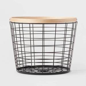 lot 1741 image: Small Floor Basket Black Wire with Natural Wood - Brightroom