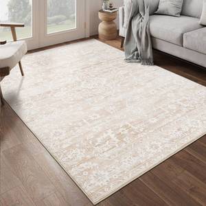 lot 1746 image: Soalmost 6x9 Area Rug for Living Room, Stain Resistant Neutral Washable Rug for Dining Room, Floral Vintage Non-Slip Thin Area Rug Farmhouse Rug Beige
