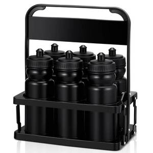 lot 1752 image: Water Bottle Carrier with 6 Bottles 20 oz Wide Mouth Water Bottles Plastic Sports Water Bottle Squeeze Water Bottles with Black Lid Team Water Bottles with Carrier for Fitness Bike Gym (Black)