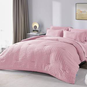 lot 1755 image: CozyLux FullQueen Seersucker Comforter Set with Sheets Pink Bed in a Bag 7-Pieces All Season Bedding Sets with Comforter, Pillow Sham, Flat Sheet, Fitted Sheet, Pillowcase