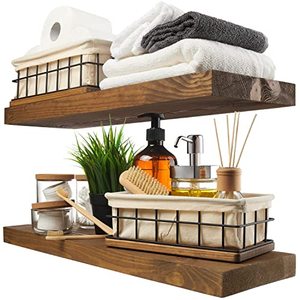 lot 1756 image: BAOBAB WORKSHOP Wood Floating Shelves Set of 2 - Rustic Shelf 24 inch - Floating Shelf for Wall Mounted - Wide Wooden Wall Shelves for Living Room Bedroom Kitchen Bathroom - Walnut - 24D x 6.7W