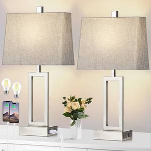 lot 1795 image: Lolikit 23.5 Touch Control Table Lamps, Metal Bedside Lamp for Bedroom Set of 2 with USB AC Ports & AC Outlet, 3-Way Dimmable Nightstand Lamp for Living Room (LED Bulb Included)