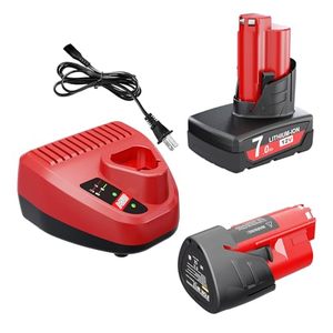 lot 1844 image: 2 Pack Replacement for Milwaukee M12 Battery 12V 3.0Ah and 7.0Ah Lithium Battery Packs Compatible with Milwaukee Battery M12 and Charger Kit, MISSING 110 VOLT POWER CORD