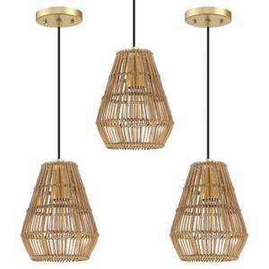 lot 1856 image: Dolaimi House 3 Pack 1 Light Adjustable Industrial Hanging Pendant Light Vintage Rattan Lantern Geometric Cage Gold Finish,Ceiling Lamp for Kitchen Island,Living Room, Dining Room,Over Sink