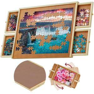 lot 1881 image: 1000 Piece Wooden Jigsaw Puzzle Board - 4 Drawers, Rotating Puzzle Table  30�� X 22�� Jigsaw Puzzle Table  Puzzle Cover Included - Portable Puzzle Tables for Adults and Kids by Beyond Innoventions