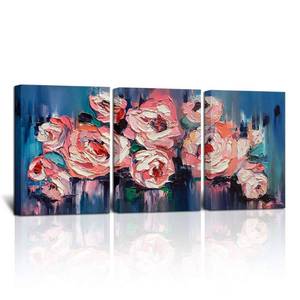 lot 60372 image: KLVOS 3 Panel Flower Picture Wall Art Giclee Print on Canvas Blossom Pink Teal Blue Peony Framed Floral Wall Decor Gallery Wrap for Living Room Landscape Decoration 12x16x3pcs(Not Oil Painting Art)