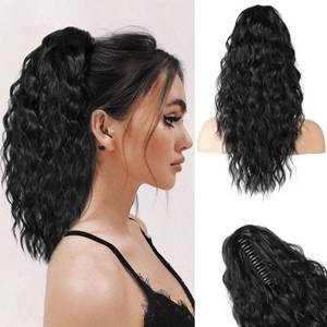 lot 60384 image: REECHO Ponytail Extension, 18 Inch Claw Clip on Ponytail Extension for Women Long Curly Wavy Hair Extensions Natural Fluffy Synthetic Clip in Ponytail Hairpiece for Daily HP002 (Black)