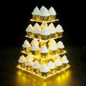 lot 60390 image: OLACHIKKO Cupcake Stand, Elegant Cupcake Holder with Brighter Yellow LED String Light, Clear 4-Tier Square Acrylic Cupcake Tower for Wedding, Birthday, Baby Shower, Party